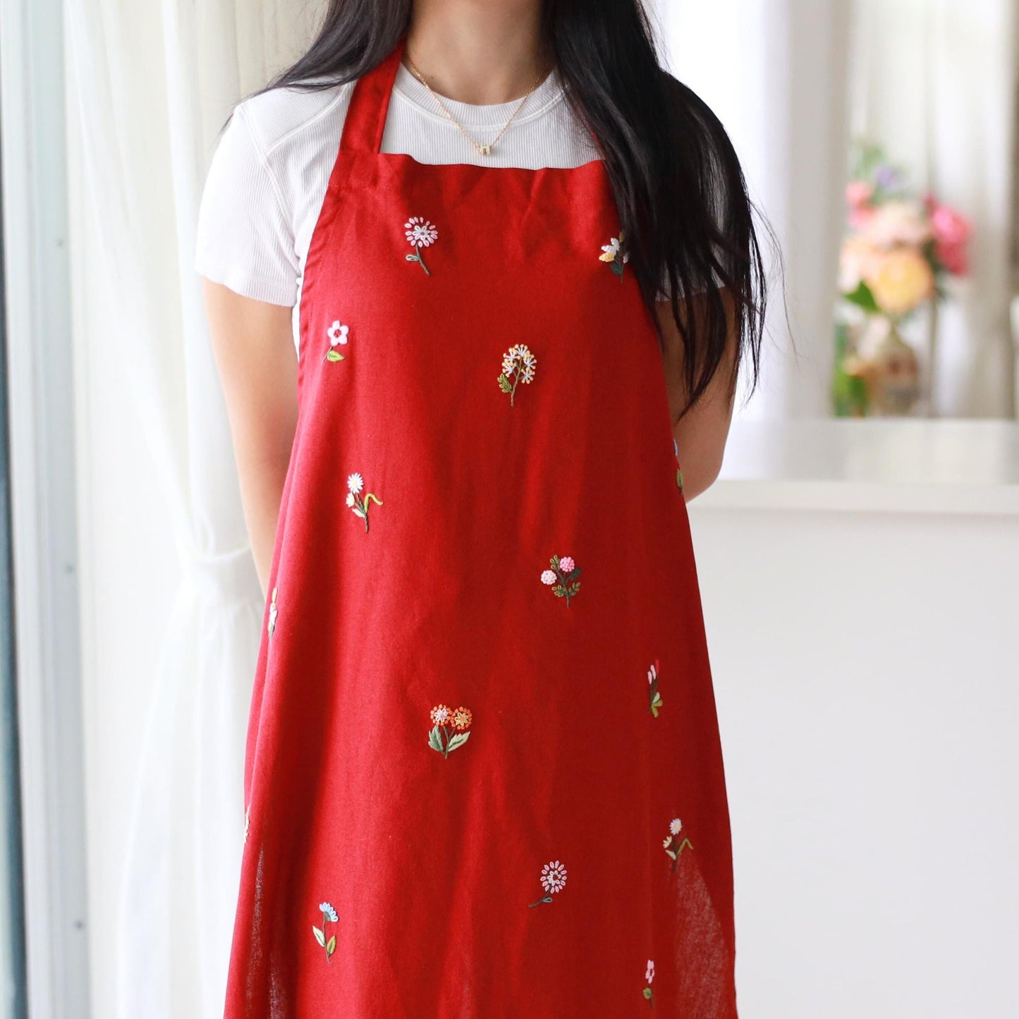 Hand Embroidered Red Linen Apron