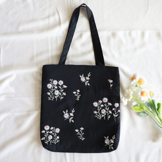 Black Hand Embroidered Daisy Linen Tote Bag