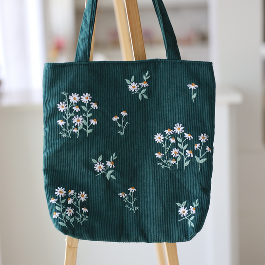 Velvet Tote Bag with Daisy Flower Embroidery