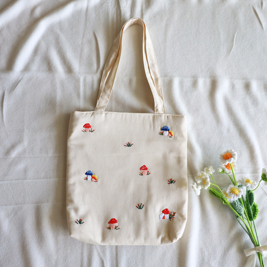 Mushroom Meadow Embroidered Tote Bag
