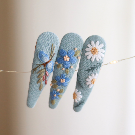 Blue Meadow Embroidered Hair Clips