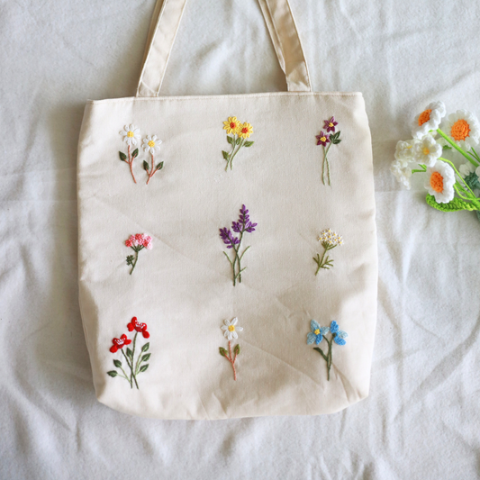 Natural Wildflower Embroidered Tote Bag