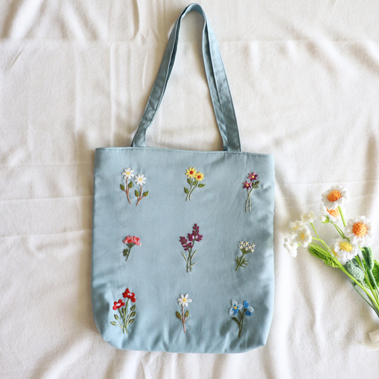 Light Blue Wildflower Embroidered Tote Bag