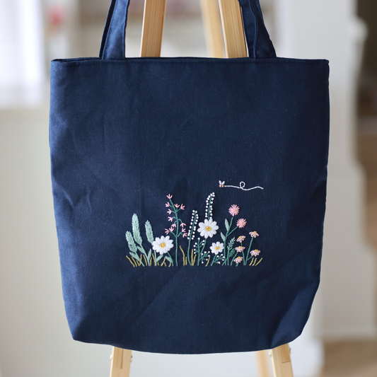 Dark Navy Linen Tote With Hand Embroidered Wildflowers