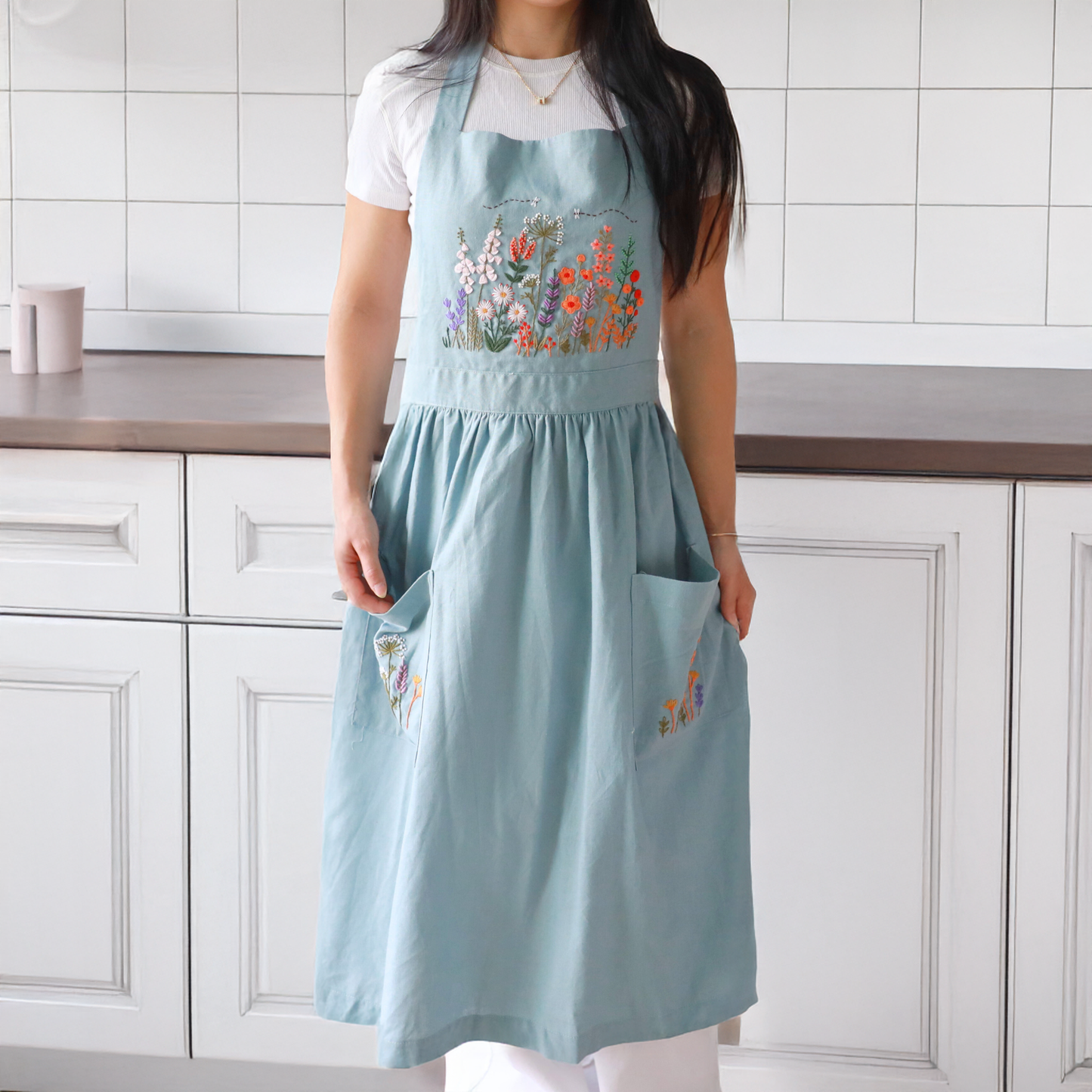 Hand Embroidered Blue Linen Apron
