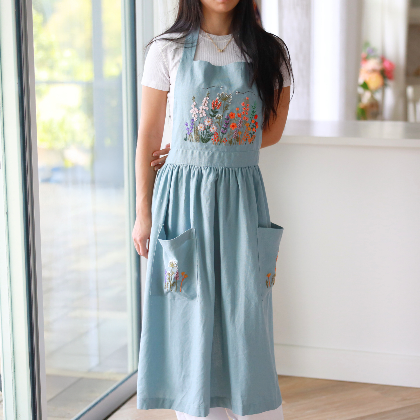 Hand Embroidered Blue Linen Apron