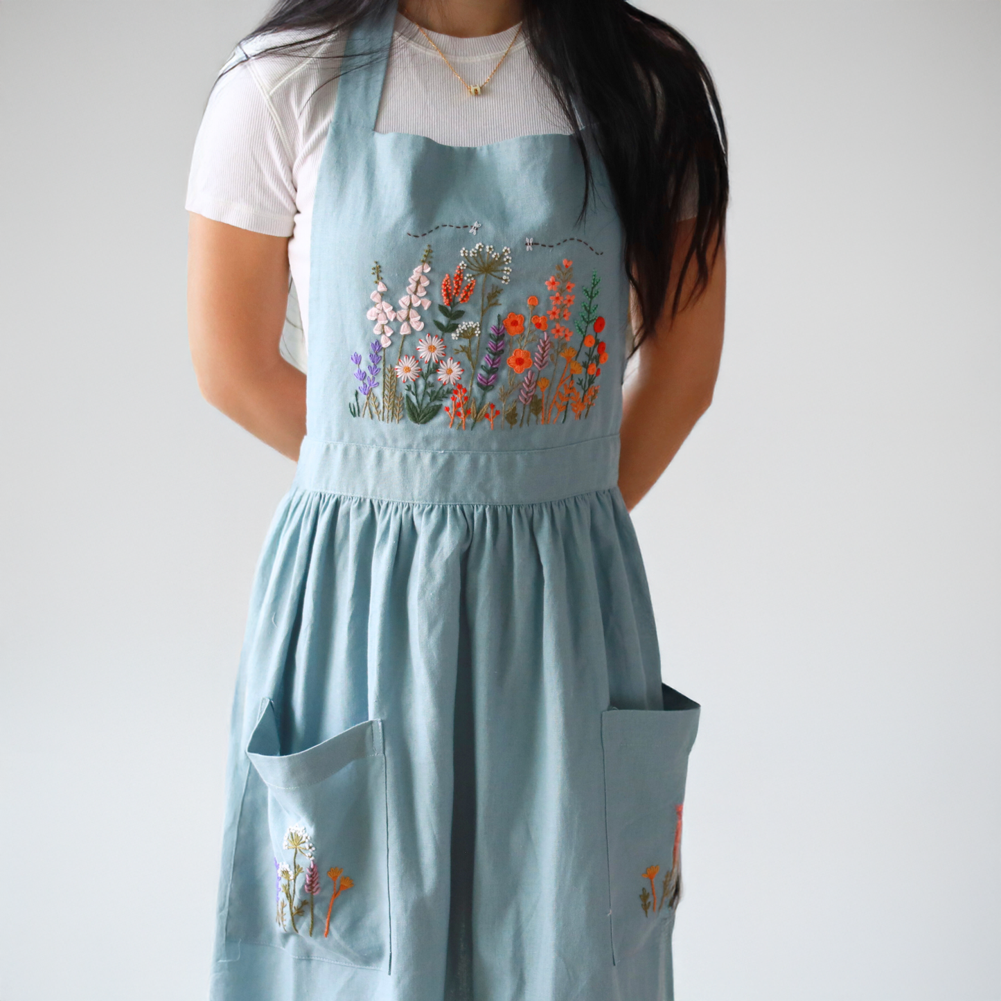 Hand Embroidered Blue Linen Apron