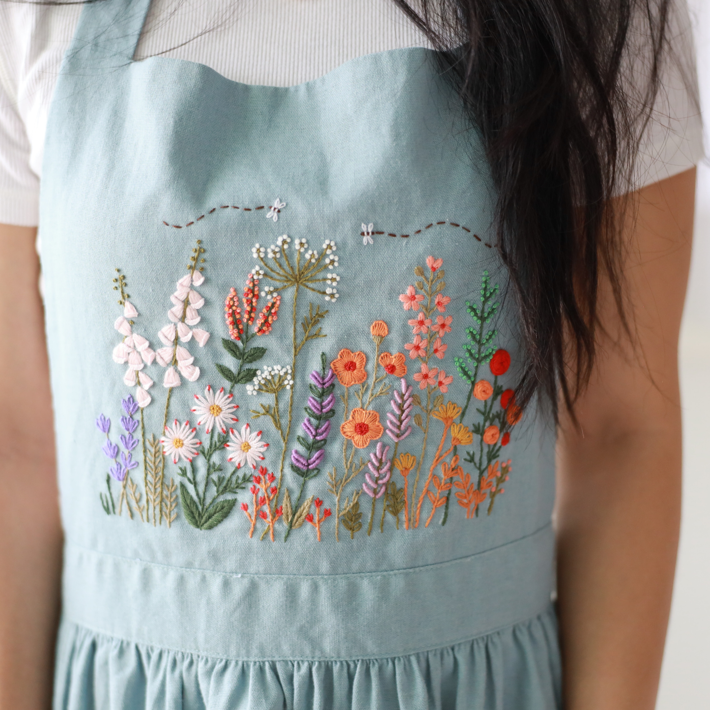 Hand Embroidered Blue Linen Apron