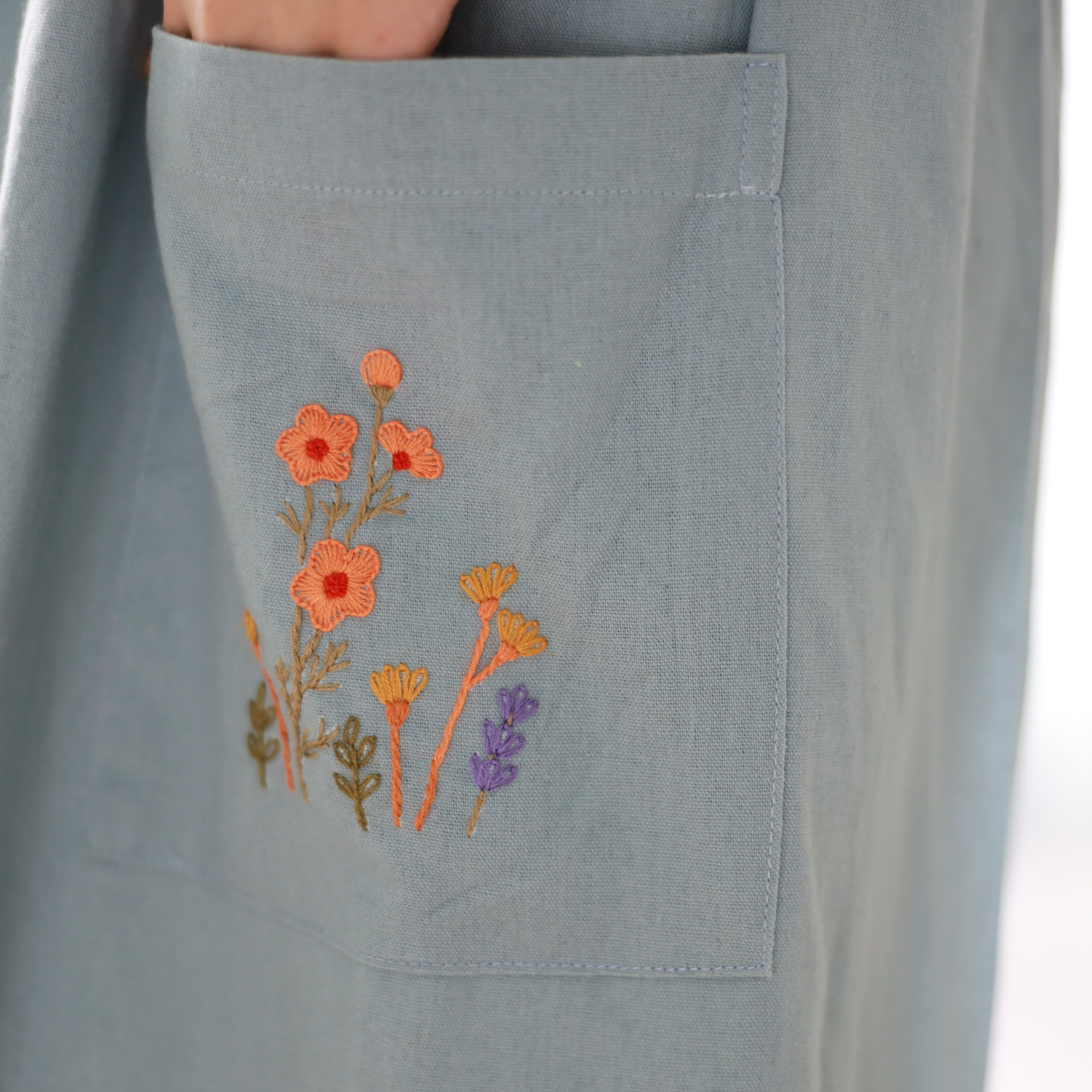 Hand Embroidered Blue Linen Apron