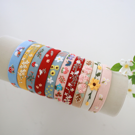 Vintage Floral Embroidered Linen Headband