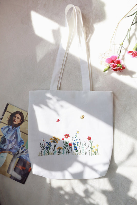 Floral Embroidered Linen Bag, Cute Wild Flower Embroidery Market Bag, Eco Friendly Grocery Bag, Cute Tote, Aesthetic Bag, Christmas Gift