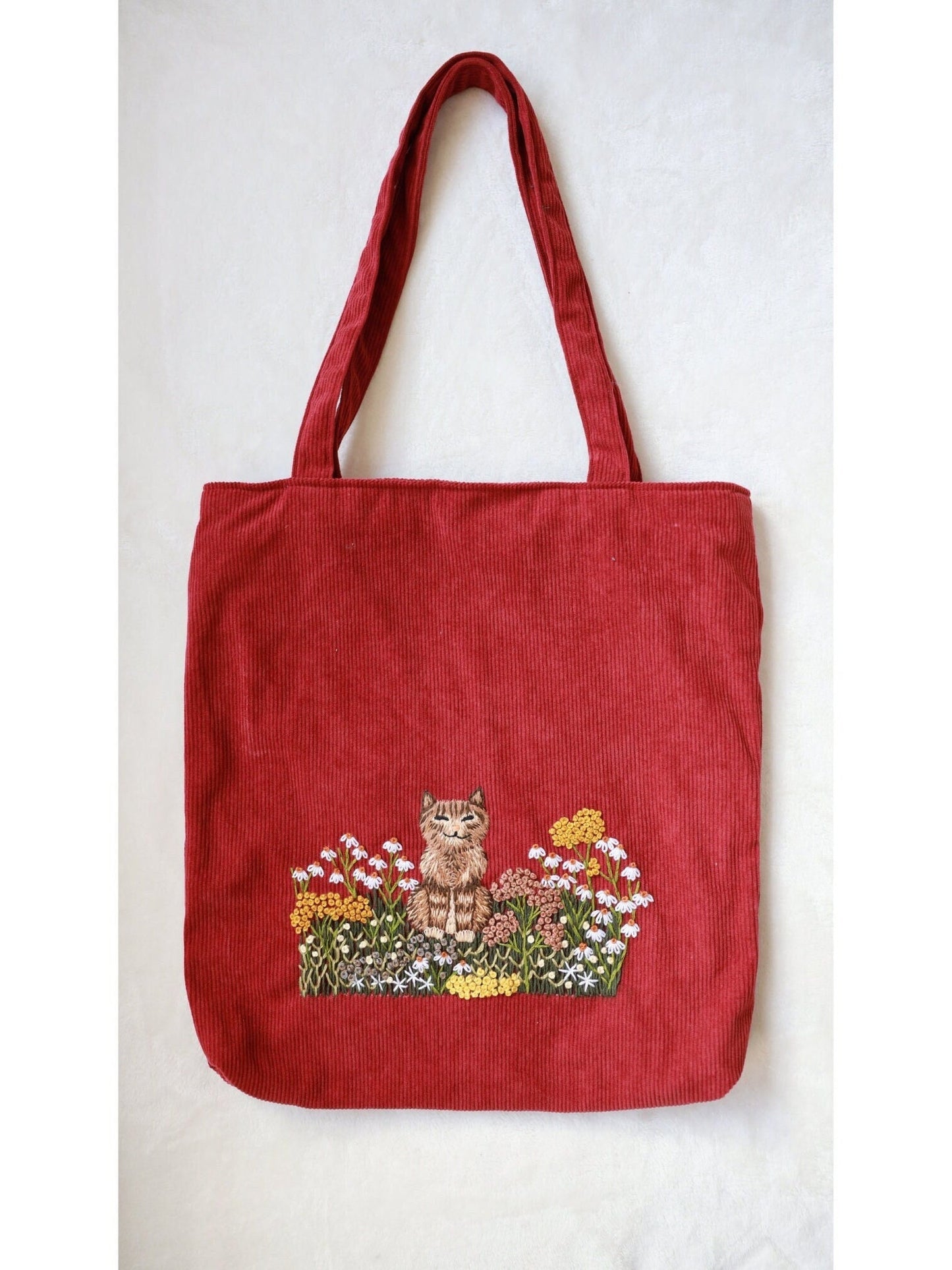 Embroidered Velvet Tote Bag with Cat Embroidery