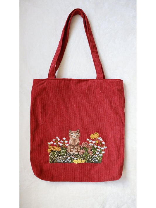 Embroidered Velvet Tote Bag with Cat Embroidery