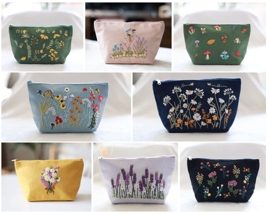 Hand Embroidered Makeup Bag with Flower Embroidery, Floral Cosmetic Bag, Vintage Makeup Bag, Zipper Pouch, Christmas Gift, Bridesmaid Gift