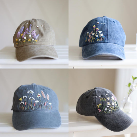 Floral Hand Embroidered Baseball Cap, Unstructured, Adjustable