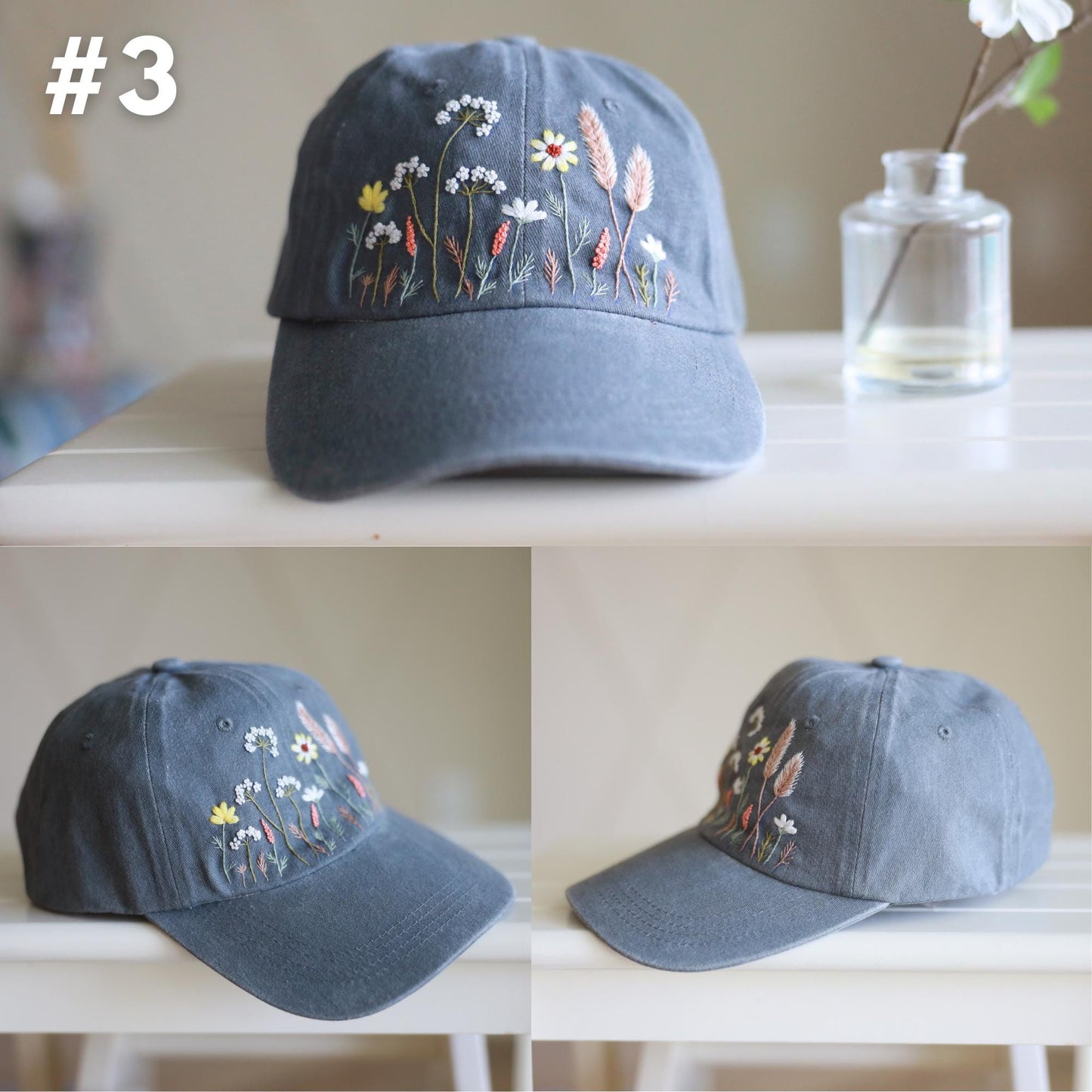 Floral Hand Embroidered Baseball Cap, Unstructured, Adjustable
