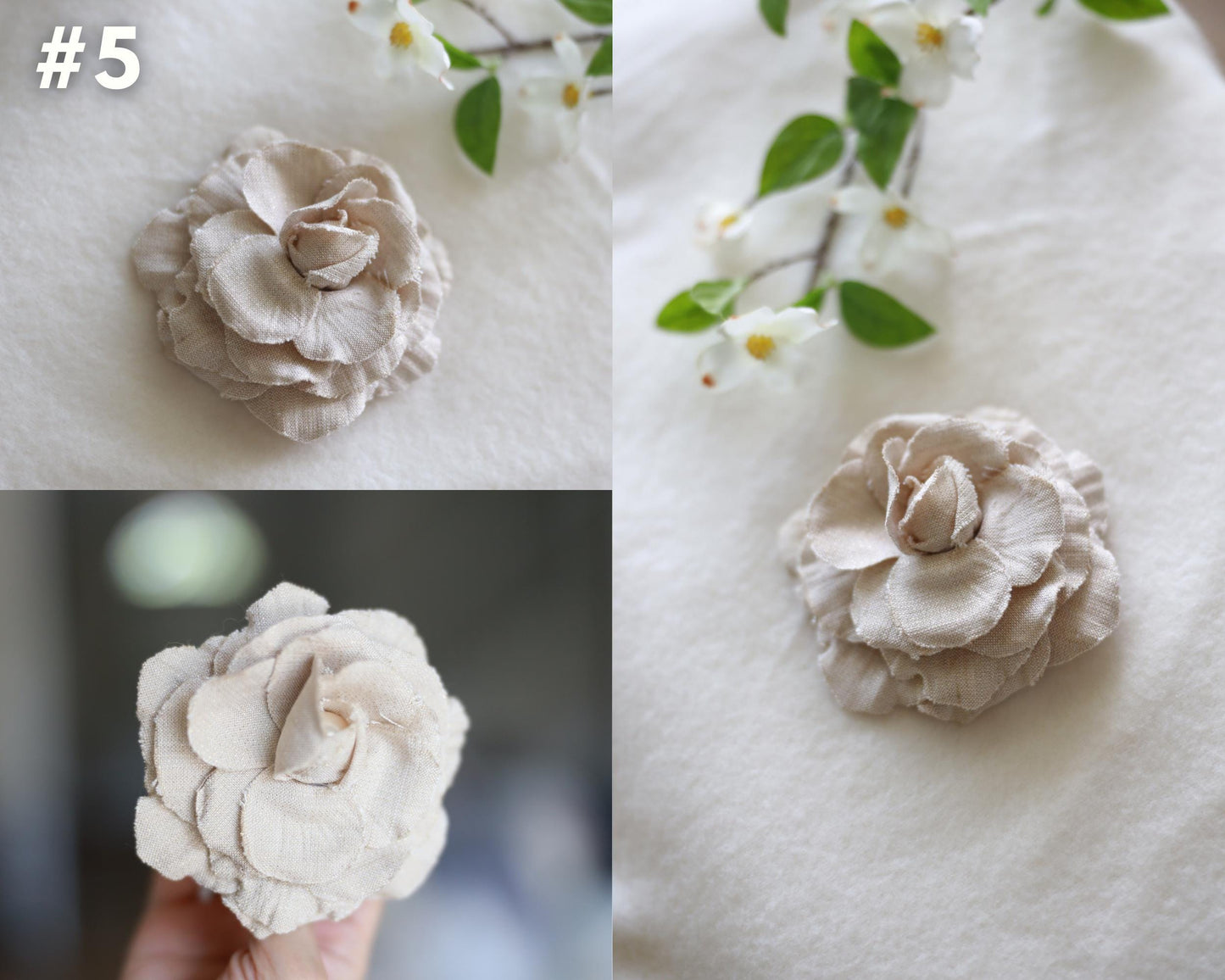 Linen Flower Brooch in Neutral Beige