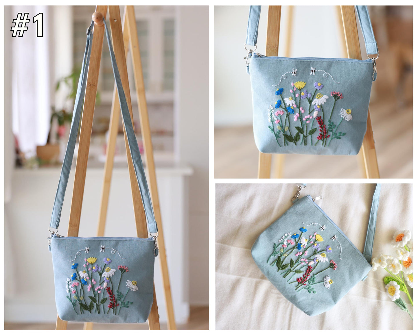 Hand Embroidered Floral Crossbody Bag | Linen Shoulder Bag | Convertible Purse with Adjustable Strap & Zipper | Gift for Her