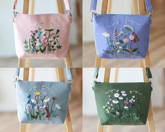Hand Embroidered Floral Crossbody Bag | Linen Shoulder Bag | Convertible Purse with Adjustable Strap & Zipper | Gift for Her