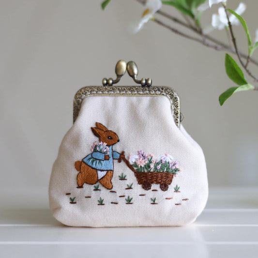 Vintage Hand Embroidered Clasp Coin Purse | Rabbit Kisslock Pouch | Handmade Linen Change Purse | Bridesmaid Gift | Christmas Gift