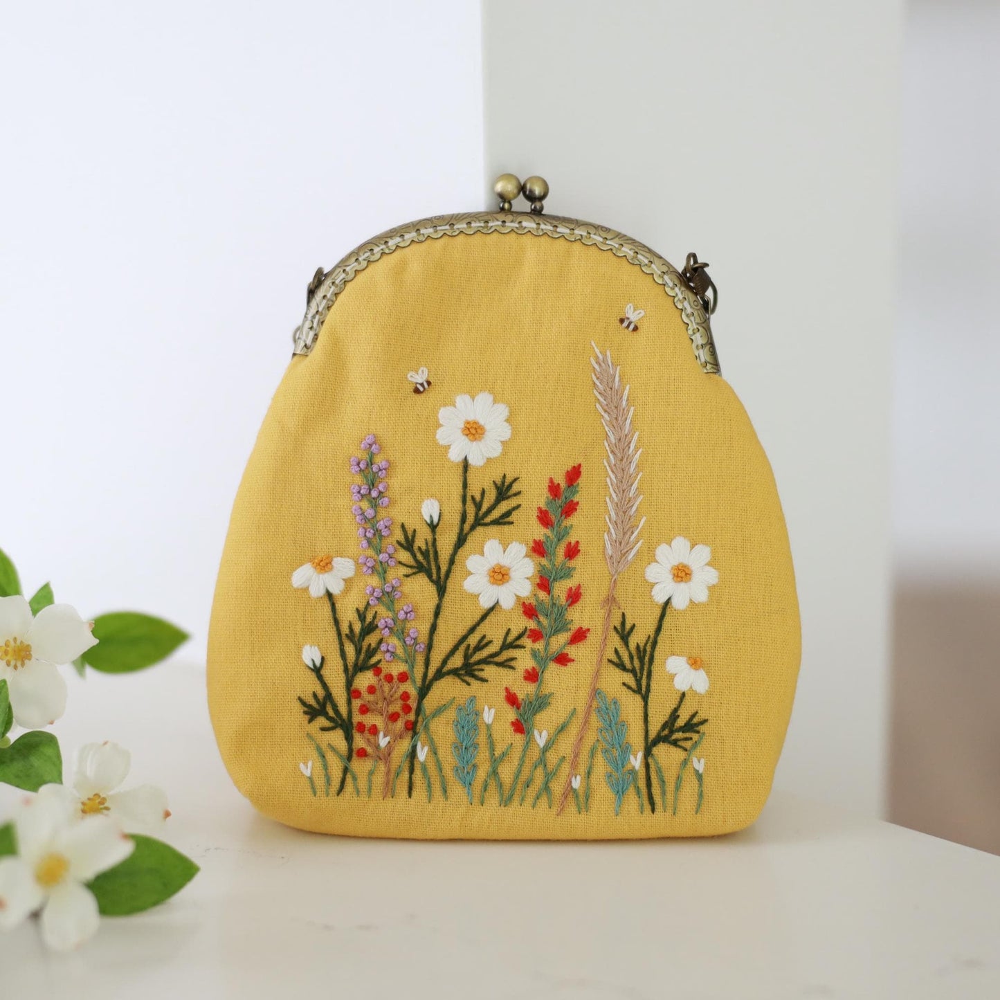 Hand Embroidered Vintage Yellow Kiss Lock Purse