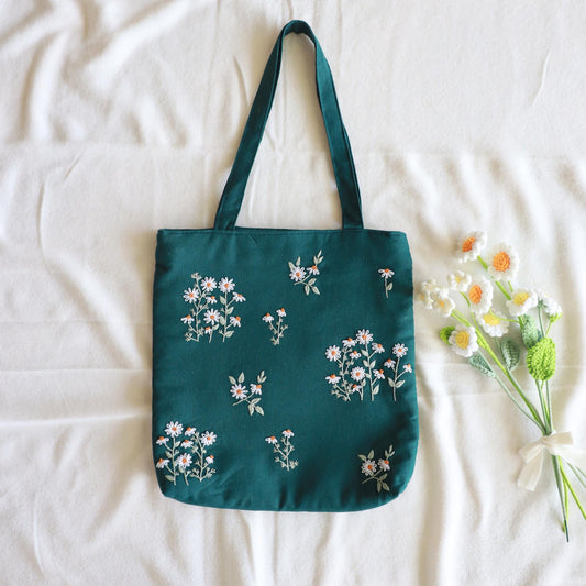 Forest Green Hand Embroidered Daisy Linen Tote Bag