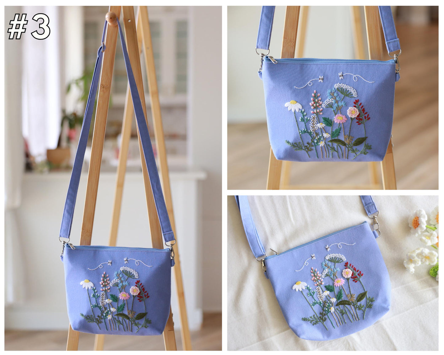 Hand Embroidered Floral Crossbody Bag | Linen Shoulder Bag | Convertible Purse with Adjustable Strap & Zipper | Gift for Her