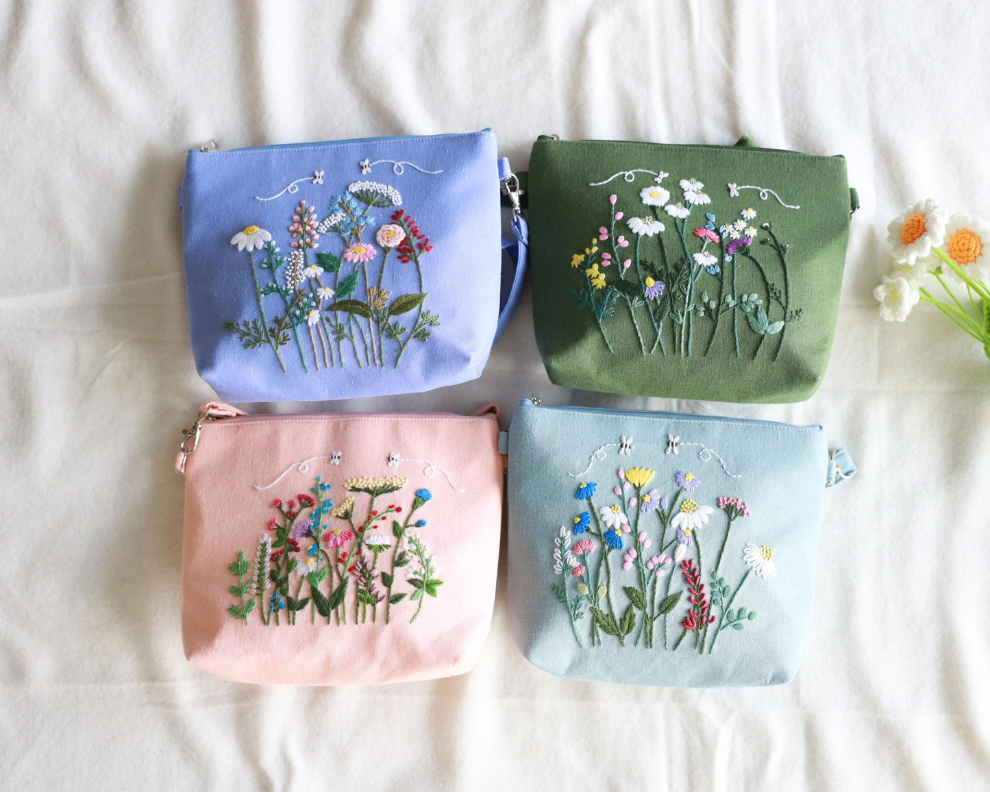 Hand Embroidered Floral Crossbody Bag | Linen Shoulder Bag | Convertible Purse with Adjustable Strap & Zipper | Gift for Her