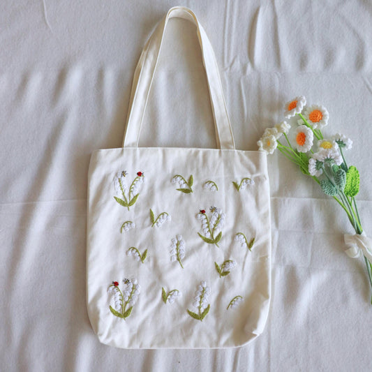 Lily of the Valley Embroidered Tote Bag With Zipper. Eco-friendly Floral Canvas Tote Bag. Cute & Aesthetic Tote Bag in Natural