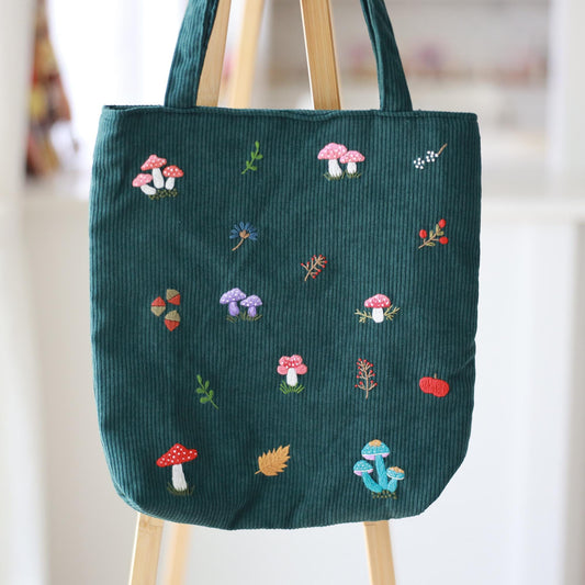 Mushroom Embroidered Velvet Tote Bag, Velvet Bag With Mushroom Embroidery, Vintage Handmade Shoulder Bag, Gift for Women, Forest Green