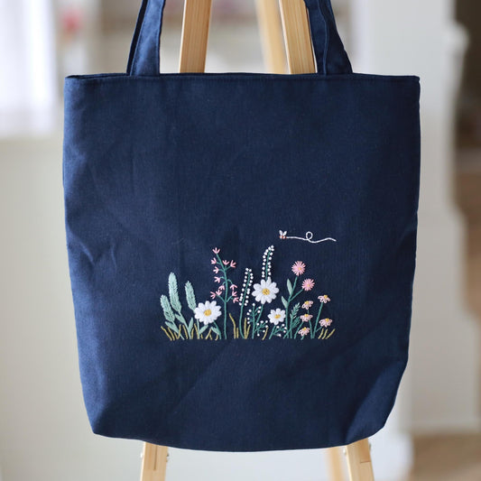 Dark Navy Linen Tote With Hand Embroidered Wildflowers