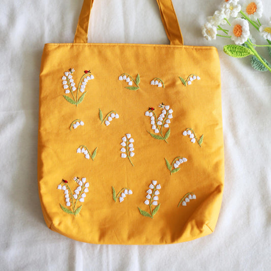 Yellow Embroidered Tote Bag, Handmade Lily of the Valley Tote with Zipper, Floral Aesthetic Gift for Her, Cute Eco-Friendly Linen Tote