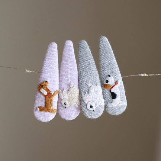 Bunny & Puppy Hand-Embroidered Hair Clip  | Hand Embroidered Snap Clip | Gift for Girls and Women | Christmas Gift