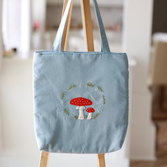 Light Blue Hand Embroidered Mushroom Tote Bag | Handmade Floral Linen Bag | Aesthetic Gift for Her |  Christmas Gift