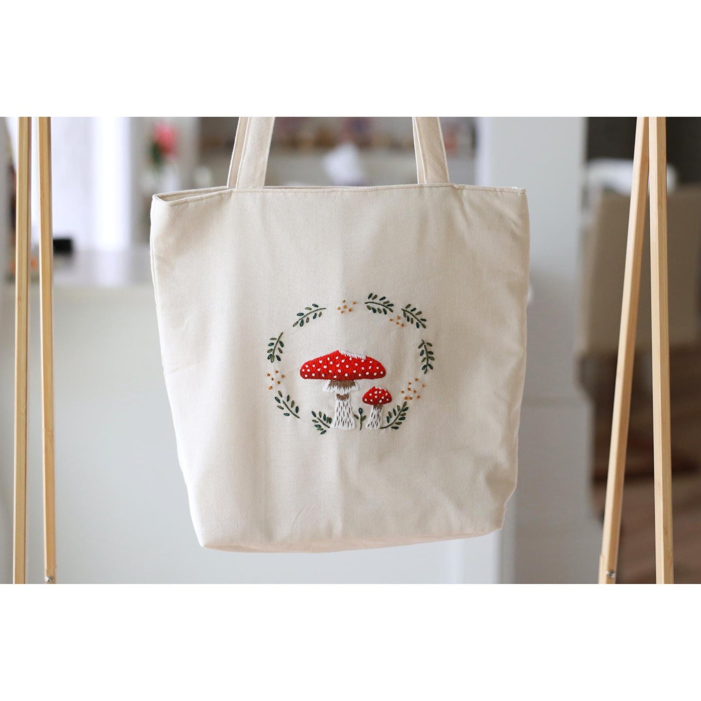 Natural Mushroom Hand Embroidered Tote Bag with Zippers & Pocket | Handmade Floral Linen Bag | Aesthetic Gift for Her |  Christmas Gift