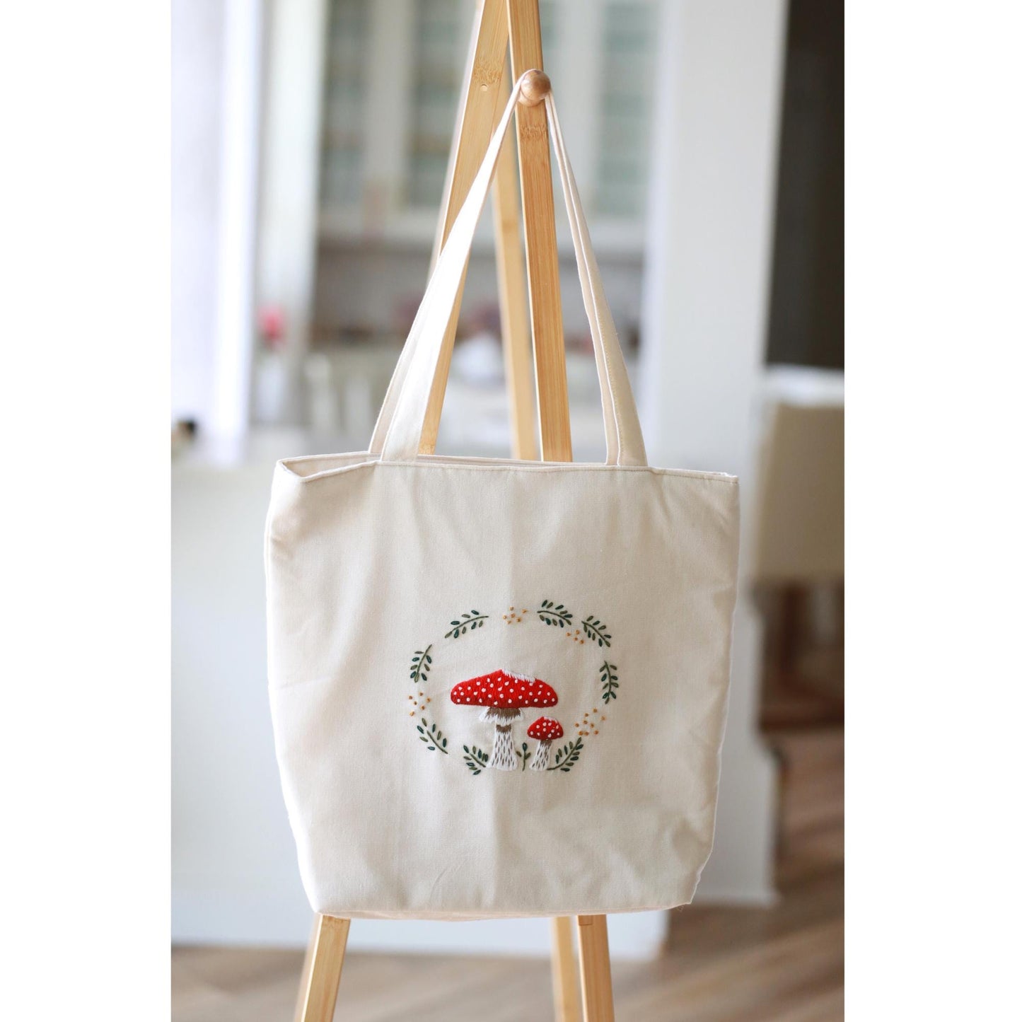 Natural Mushroom Hand Embroidered Tote Bag with Zippers & Pocket | Handmade Floral Linen Bag | Aesthetic Gift for Her |  Christmas Gift