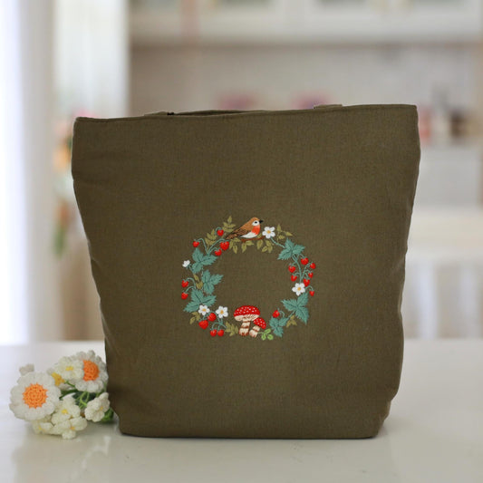 Dark Olive Handmade Tote Bag with Zippers & Pocket | Bird Embroidery | Handmade Floral Linen Bag | Aesthetic Gift for Her |  Christmas Gift