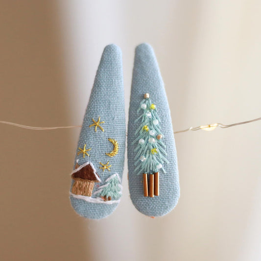 Hand-Embroidered Winter Hair Clips, Blue Christmas Tree & Cabin Barrettes, Holiday Accessories, Gift for Women Girls, Christmas Gift