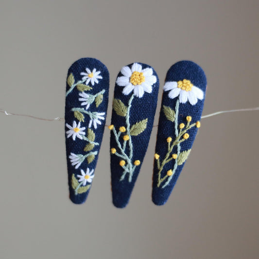 Hand Embroidered Midnight Bloom Navy Hair Clips