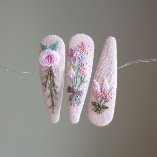 Hand Embroidered Pink Pastel Hair Clips