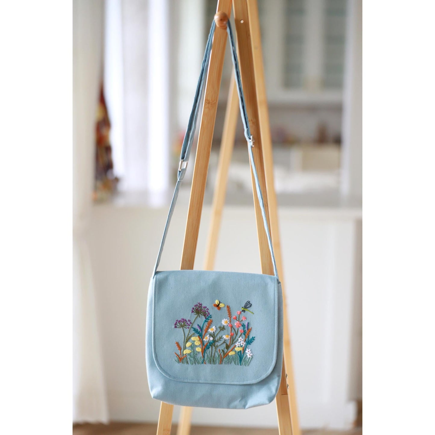 Hand Embroidered Blue Floral Crossbody Bag