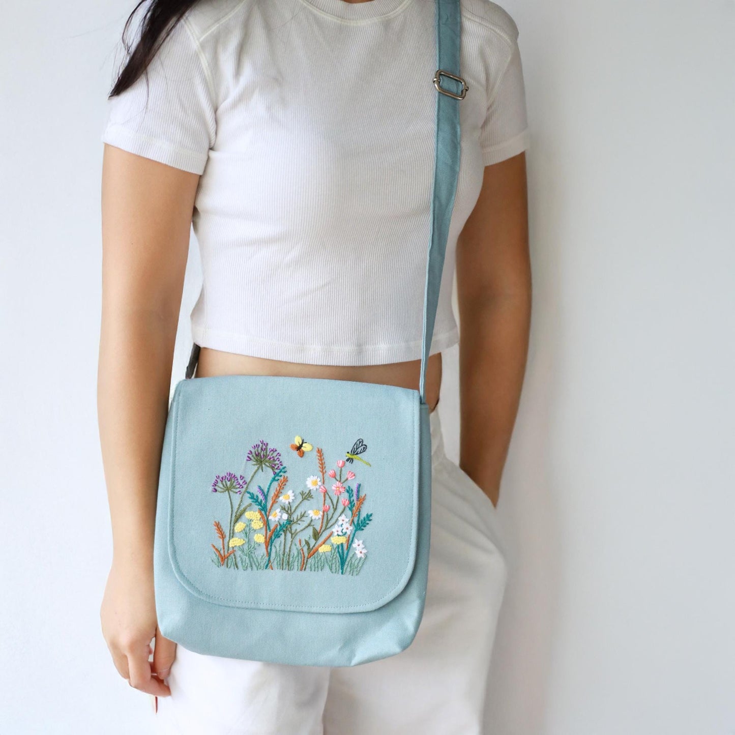 Hand Embroidered Blue Floral Crossbody Bag
