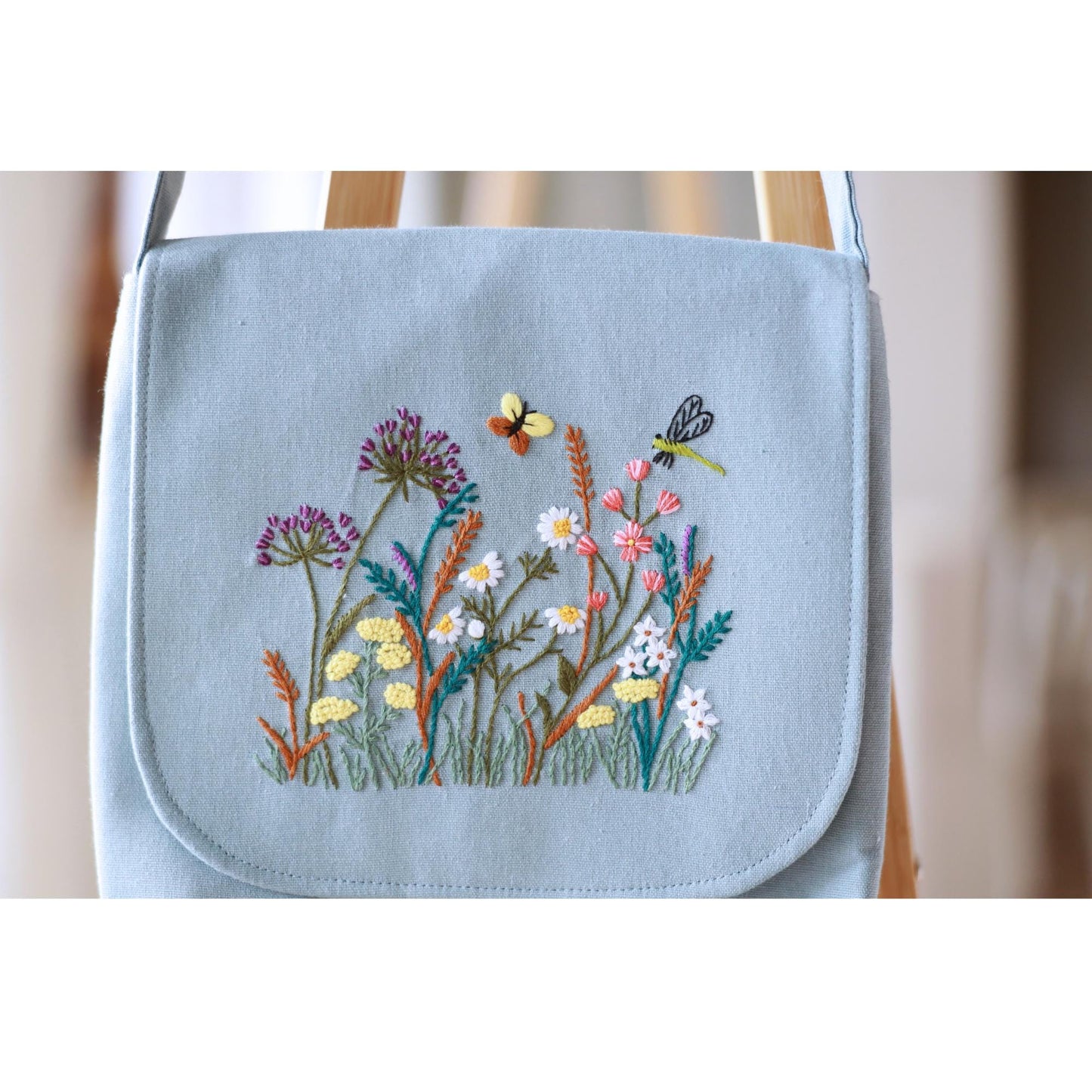 Hand Embroidered Blue Floral Crossbody Bag