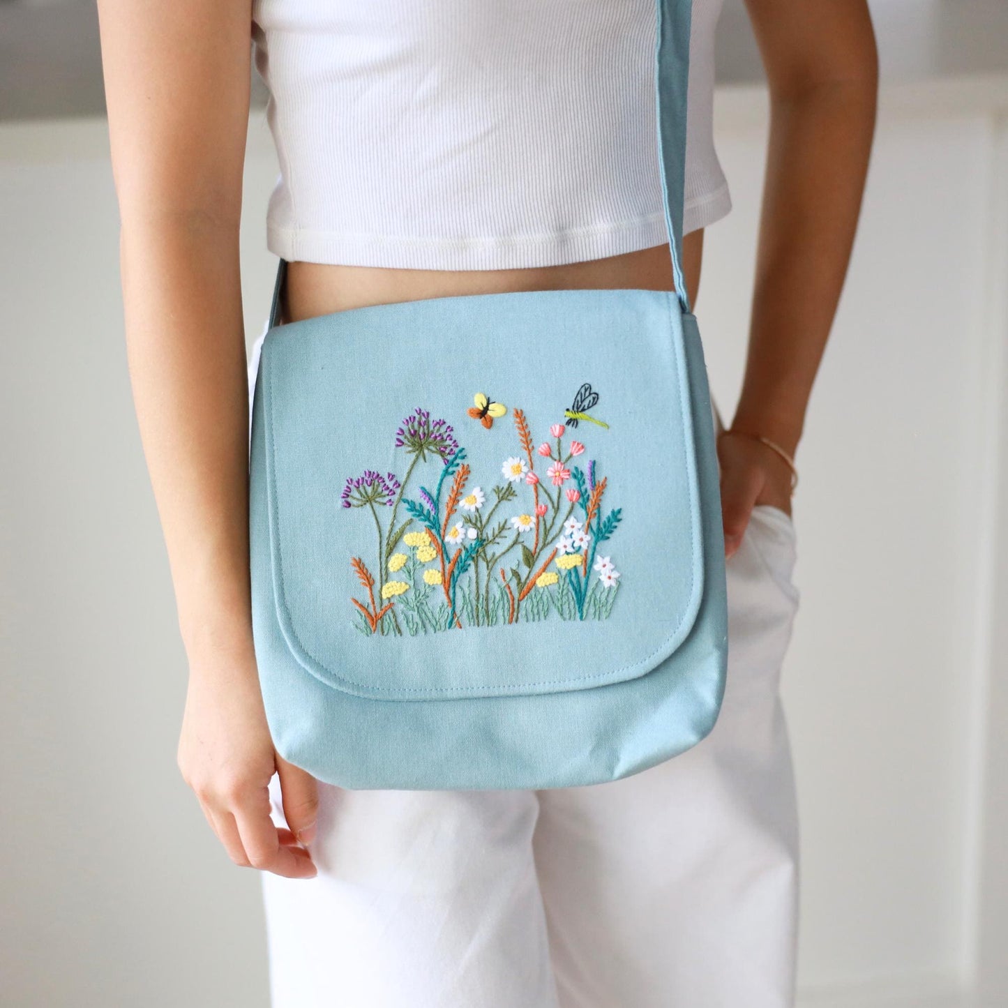 Hand Embroidered Blue Floral Crossbody Bag
