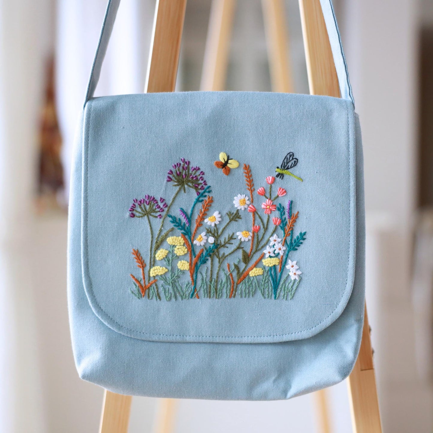 Hand Embroidered Blue Floral Crossbody Bag