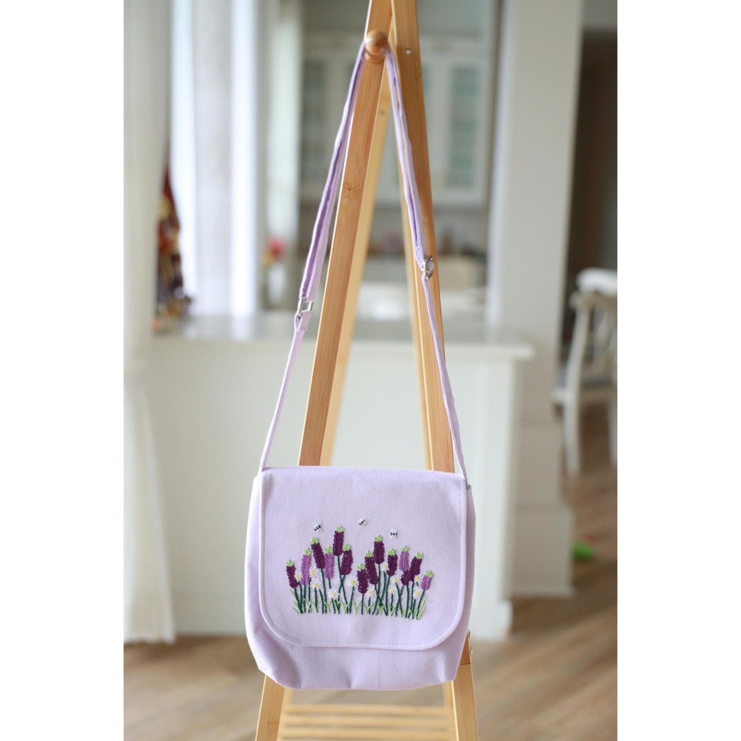 Hand Embroidered Lavender Floral Crossbody Bag