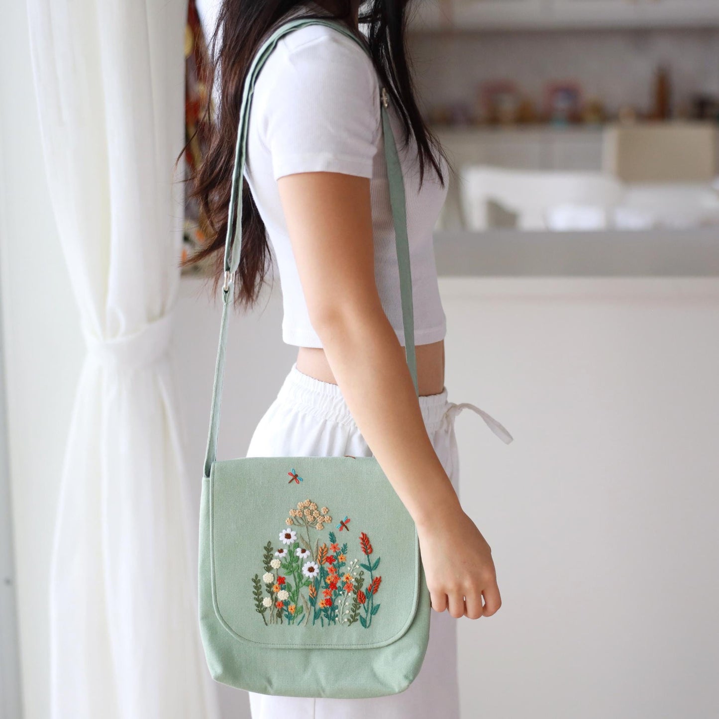 Hand Embroidered Mint Green Floral Crossbody Bag