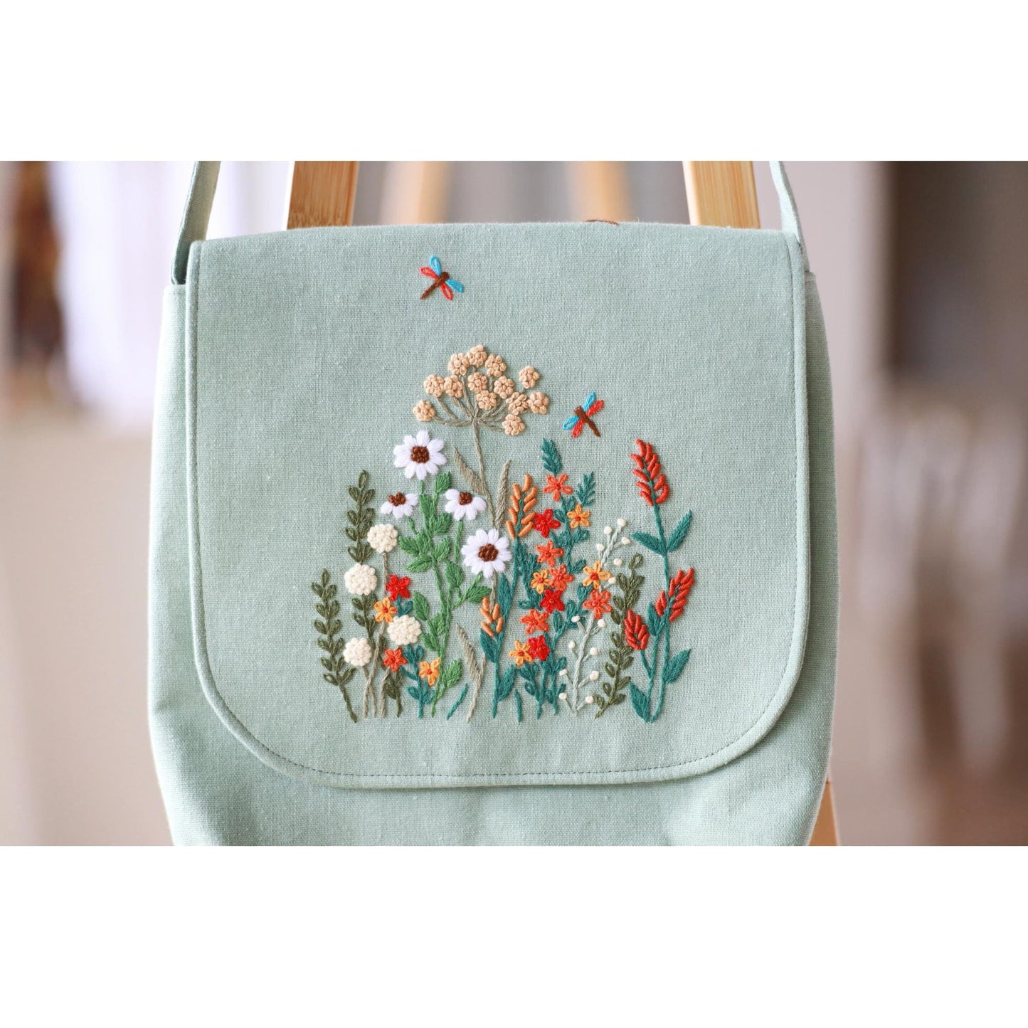 Hand Embroidered Mint Green Floral Crossbody Bag