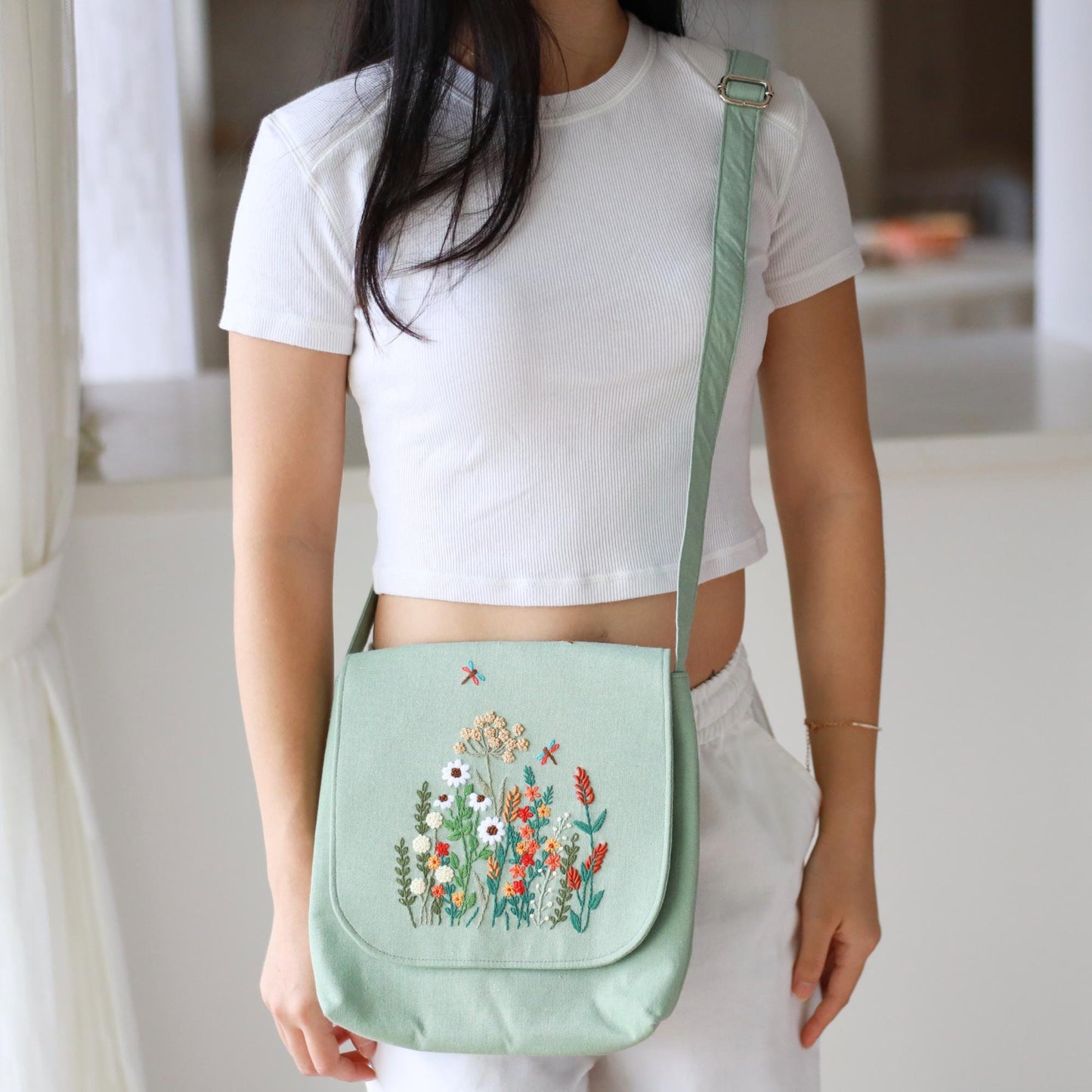 Hand Embroidered Mint Green Floral Crossbody Bag