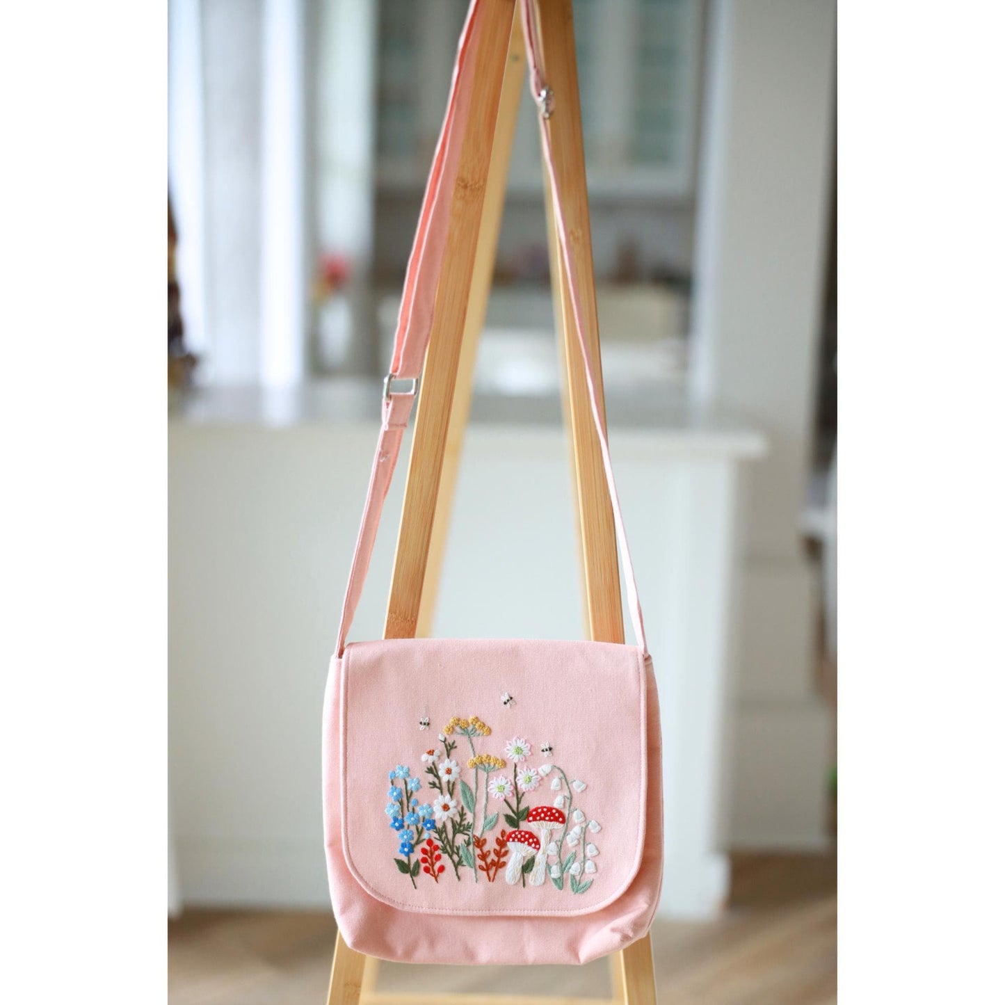 Hand Embroidered Pastel Pink Floral Crossbody Bag